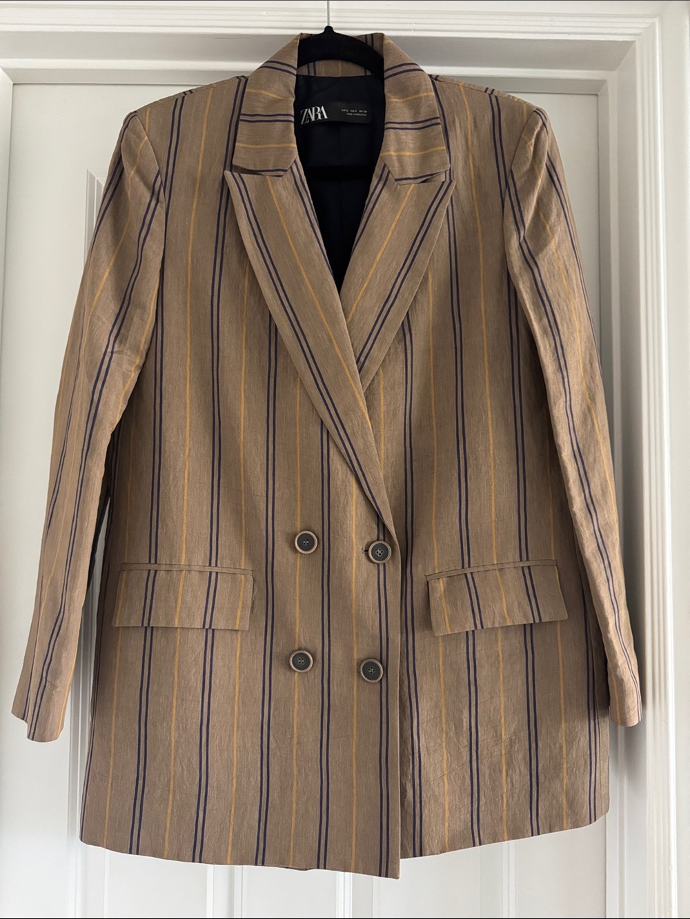 Zara Double-Breasted Striped Blazer in Tan, Navy & Mustard